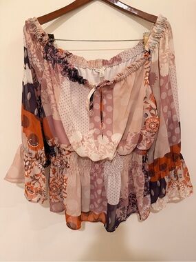 Cato Patchwork Blouse Off-The-Shoulder Neckline, Floral Patterns, Smocked Waist